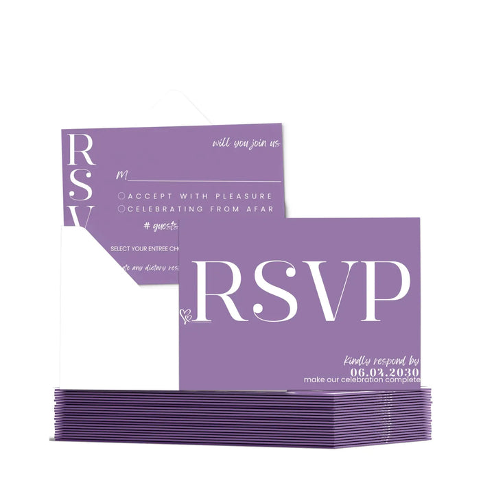 Custom bold purple rsvp cards with elegant white calligraphy - premium card stock 4x6 inch size - invitations
