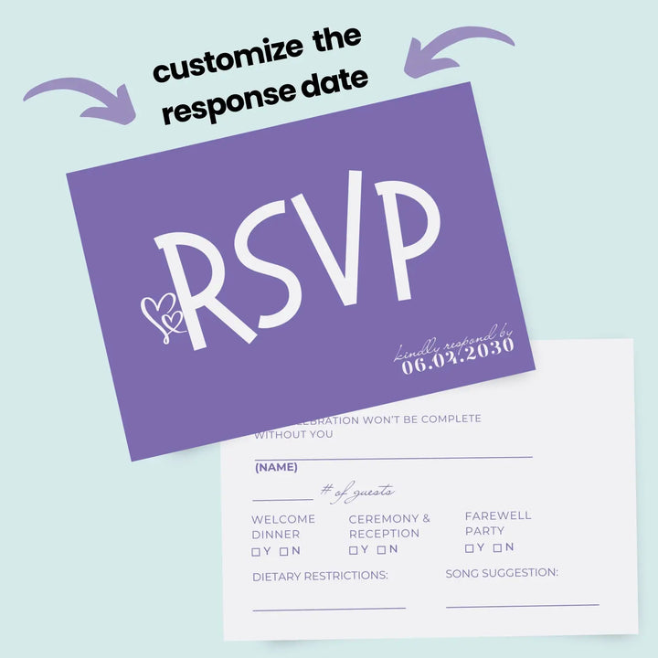 Custom purple rsvp cards with sleek calligraphy font - premium card stock 4x6 inch size - invitations