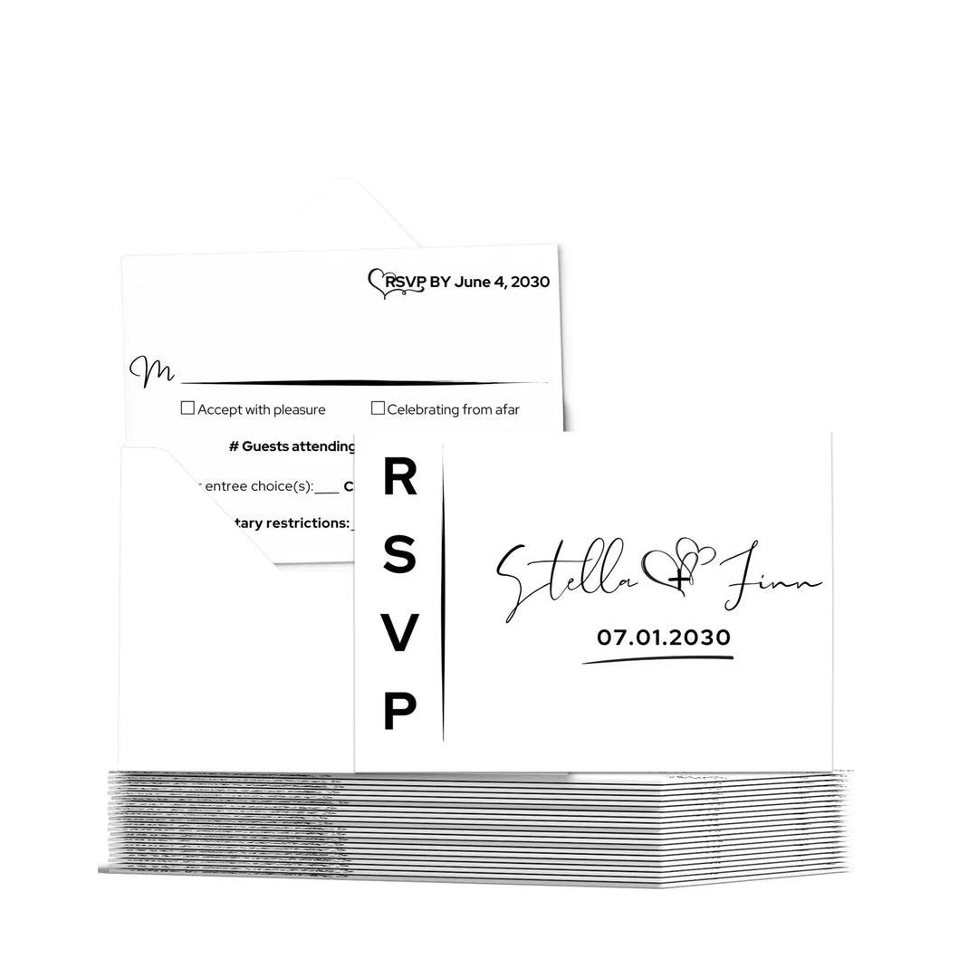 Custom white rsvp cards with elegant black calligraphy - premium card stock 4x6 inch size - invitations