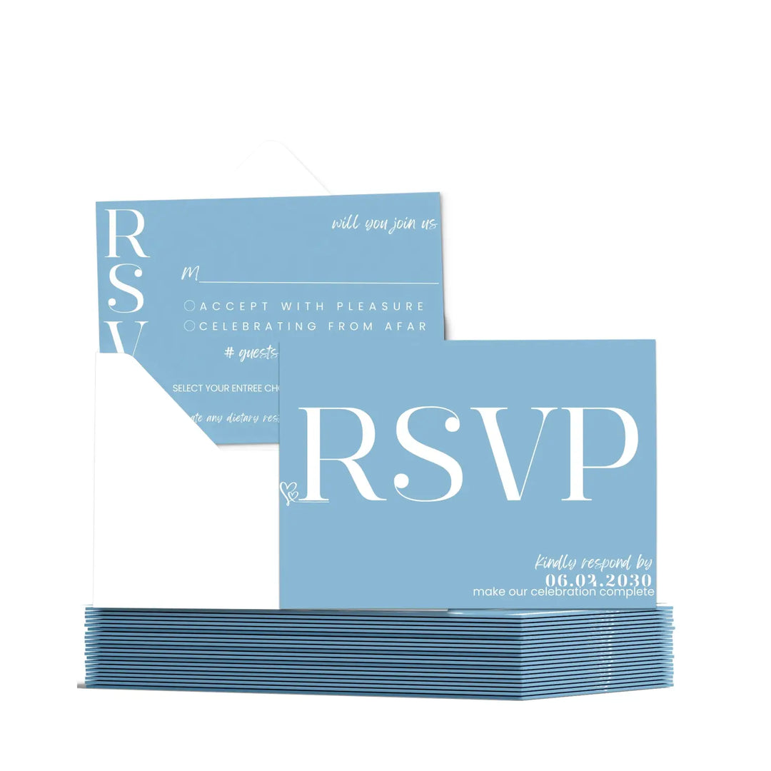 Custom sky blue rsvp cards - premium 120lb cardstock elegant calligraphy personalized dates & names includes food