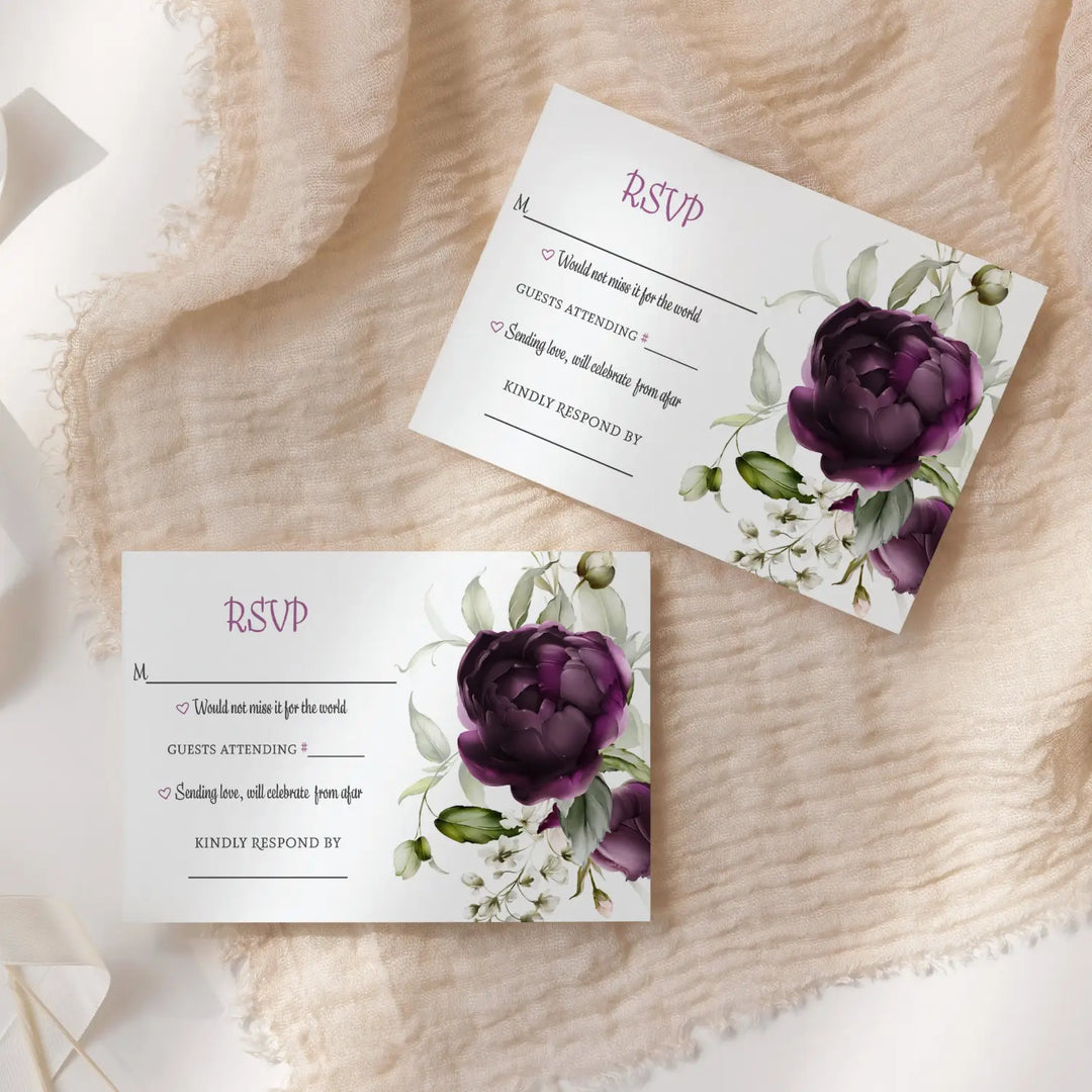 Purple passion modern floral rsvp cards - elegant wedding response set - invitations