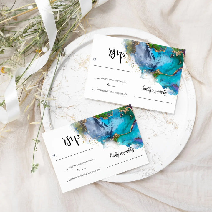 Modern teal & purple watercolor rsvp cards - chic wedding response set 3.5x5 envelopes included 25 pack - invitations