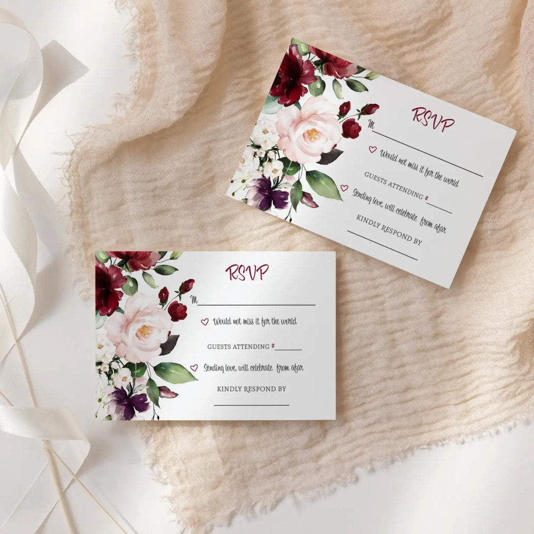 Boho burgundy blossom rsvp cards contemporary floral 3.5x5 pack of 25 - invitations