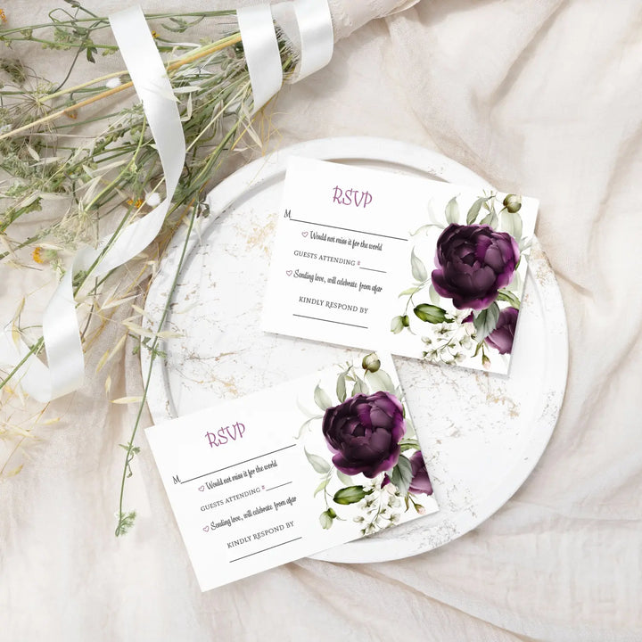 Purple passion modern floral rsvp cards - elegant wedding response set - invitations