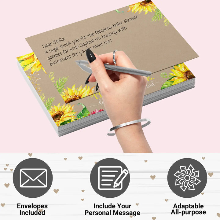 Sunflower baby shower thank you cards - rustic neutral (15 pack) with pink envelopes 4x6 - office product