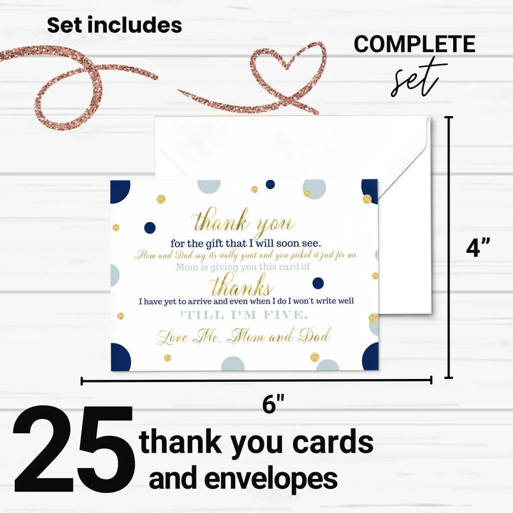 Navy and gold baby shower thank you cards for boys β notecards (pack of 25) - office product
