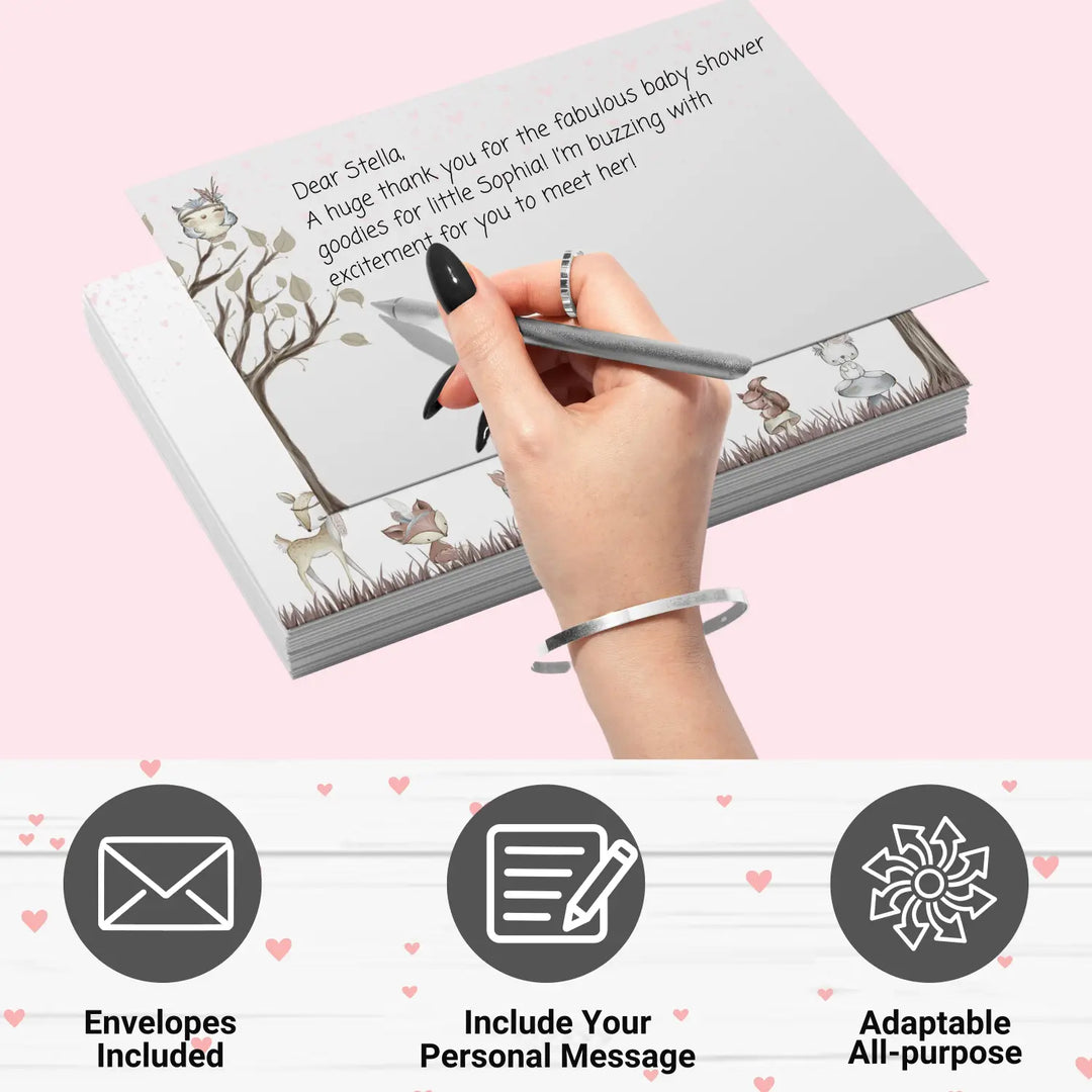 Girls woodland baby shower thank you cards - 15 pack boho chic notecards with pink envelopes 4x6 - office product