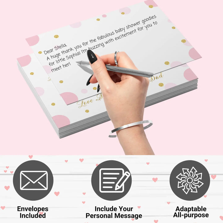 Pink and gold girls baby shower thank you cards - 15 pack luxurious notecards 4x6 - office product