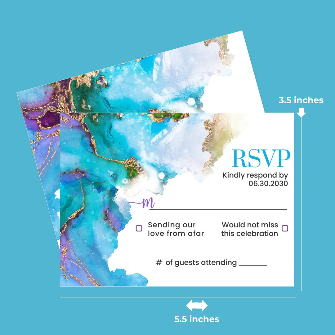 Jeweled purple & teal rsvp cards with envelopes custom printed - elegant gold watercolor for weddings and events
