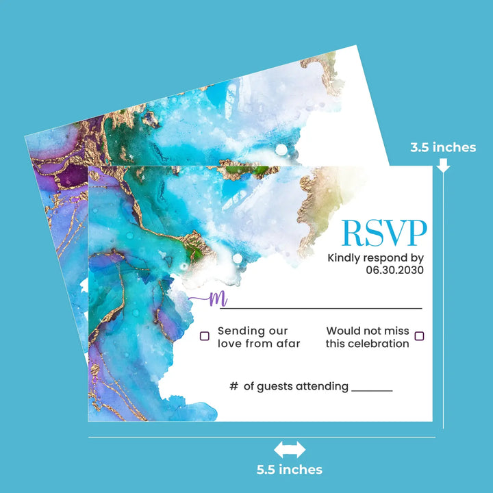 Jeweled purple & teal rsvp cards with envelopes custom printed - elegant gold watercolor for weddings and events