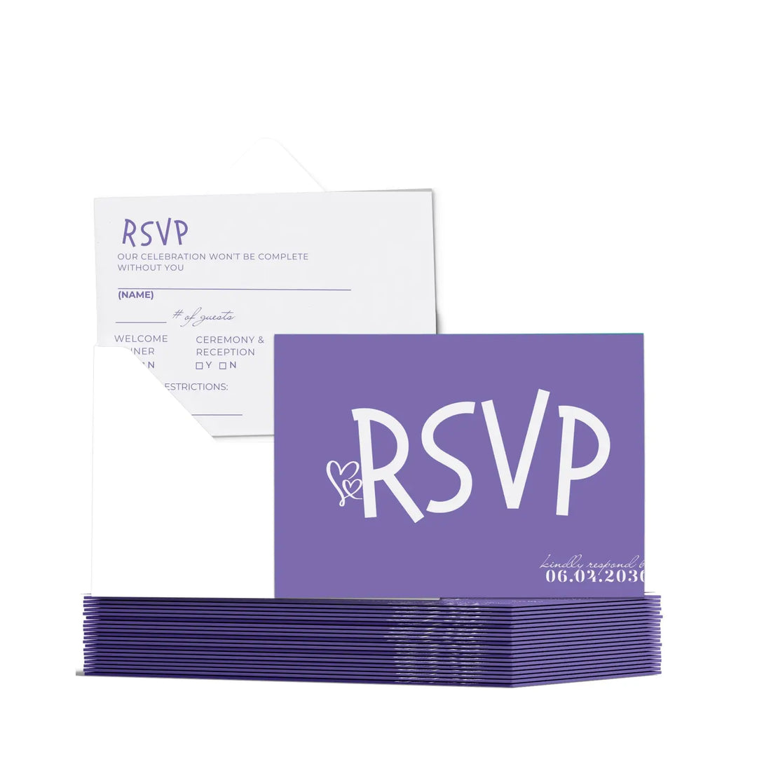 Custom purple rsvp cards with sleek calligraphy font - premium card stock 4x6 inch size - invitations