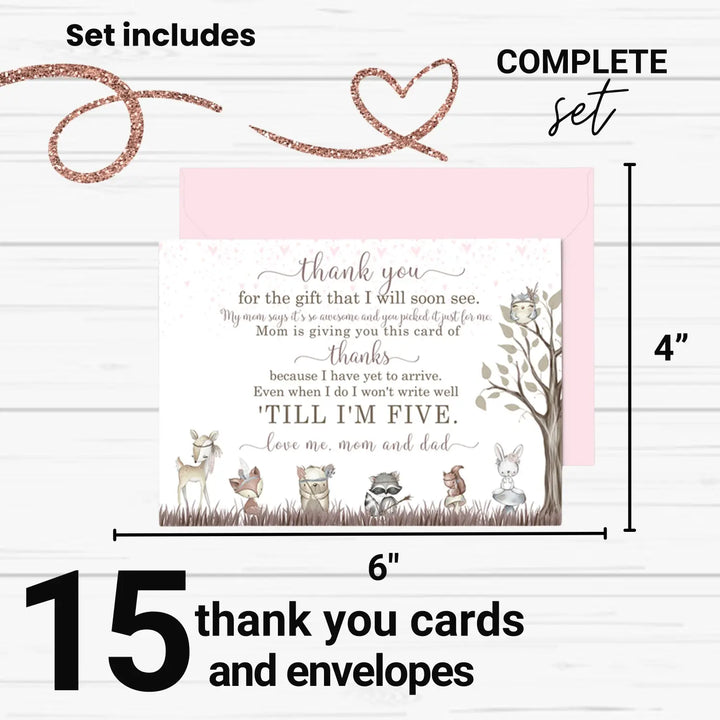Girls woodland baby shower thank you cards - 15 pack boho chic notecards with pink envelopes 4x6 - office product