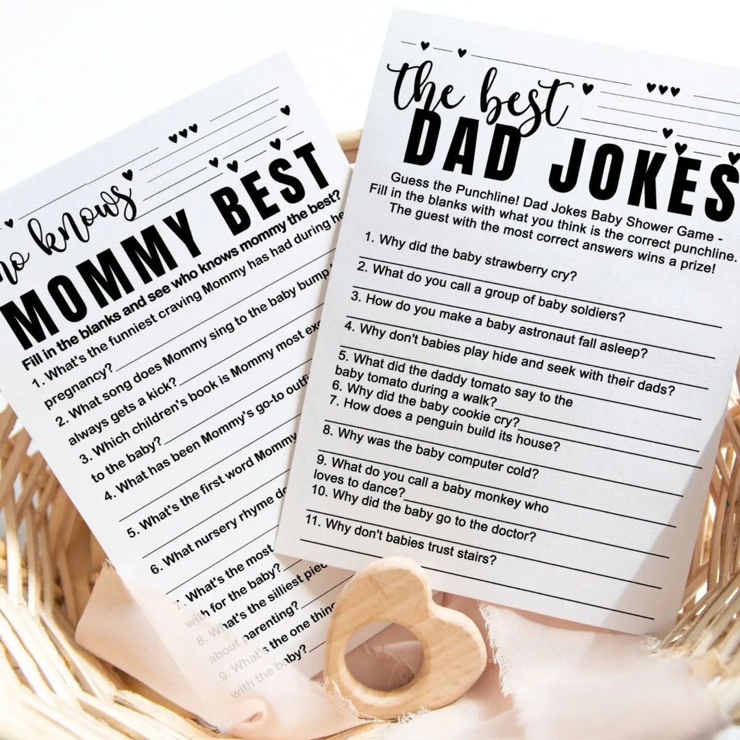 Black and white baby shower game 2-in-1 set - who knows mommy best & dad jokes 25 pack - party games