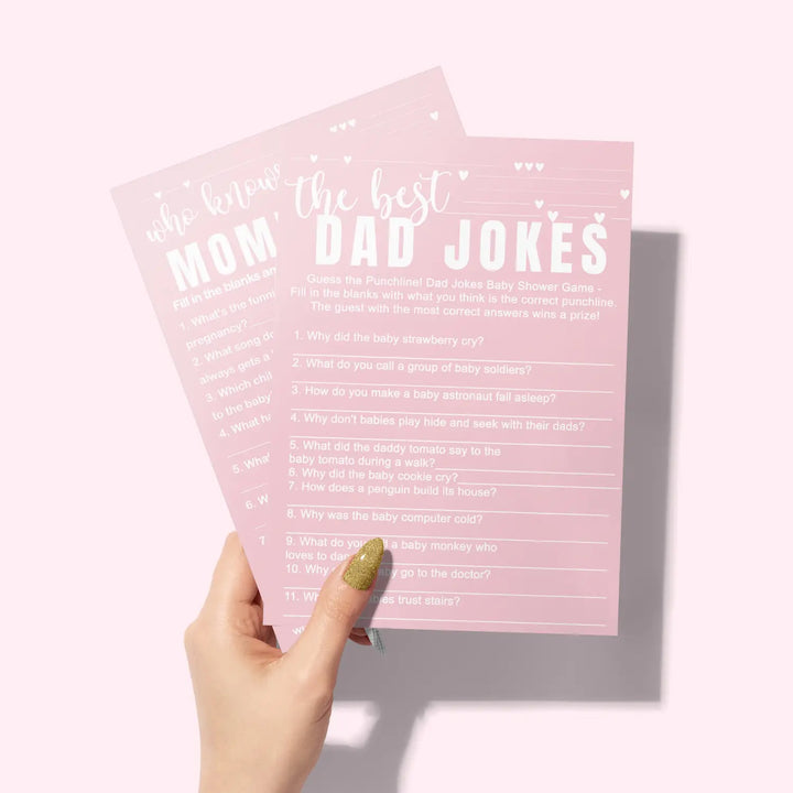Pink baby shower game set - who knows mommy best & dad jokes modern minimalist 25 pack - party games