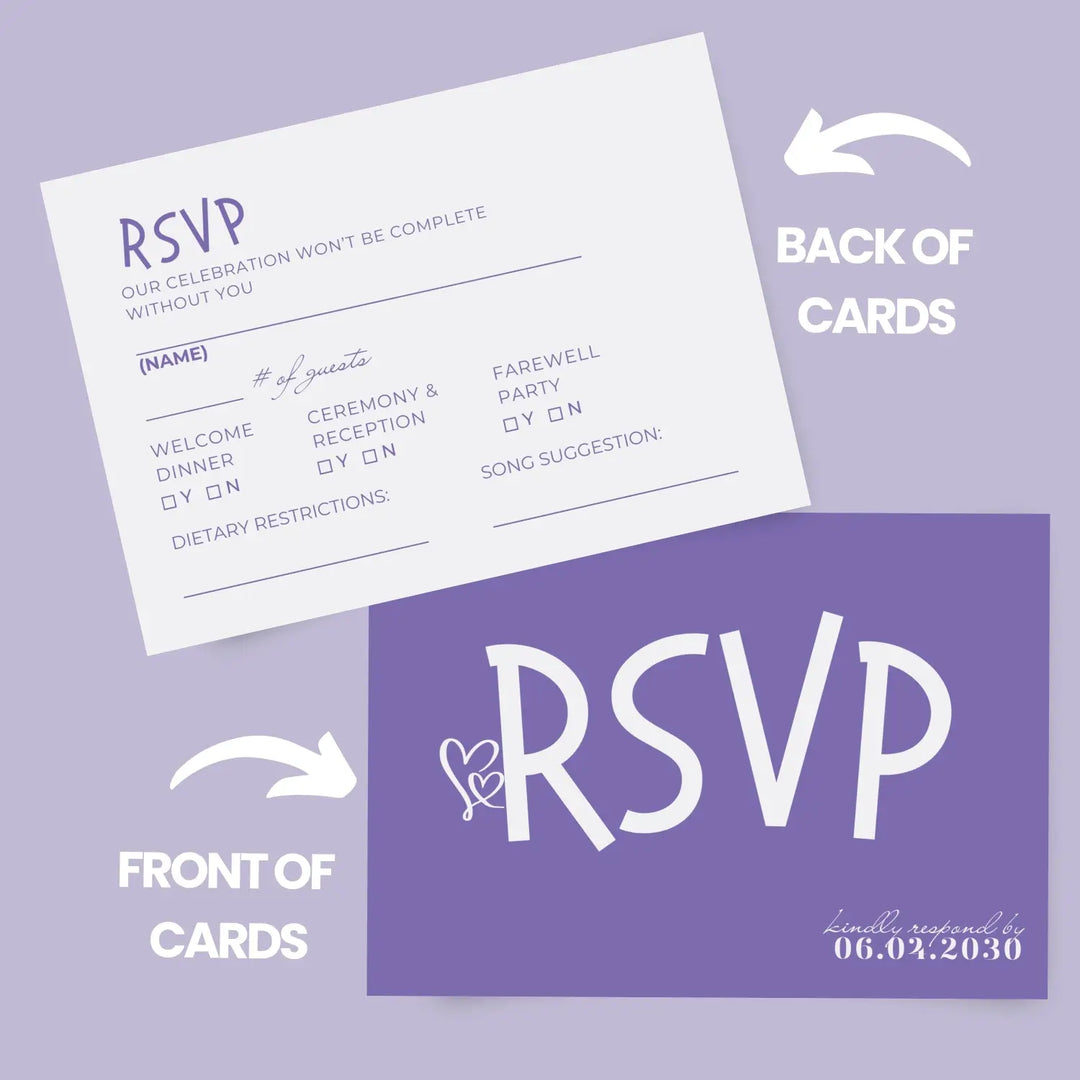 Custom purple rsvp cards with sleek calligraphy font - premium card stock 4x6 inch size - invitations