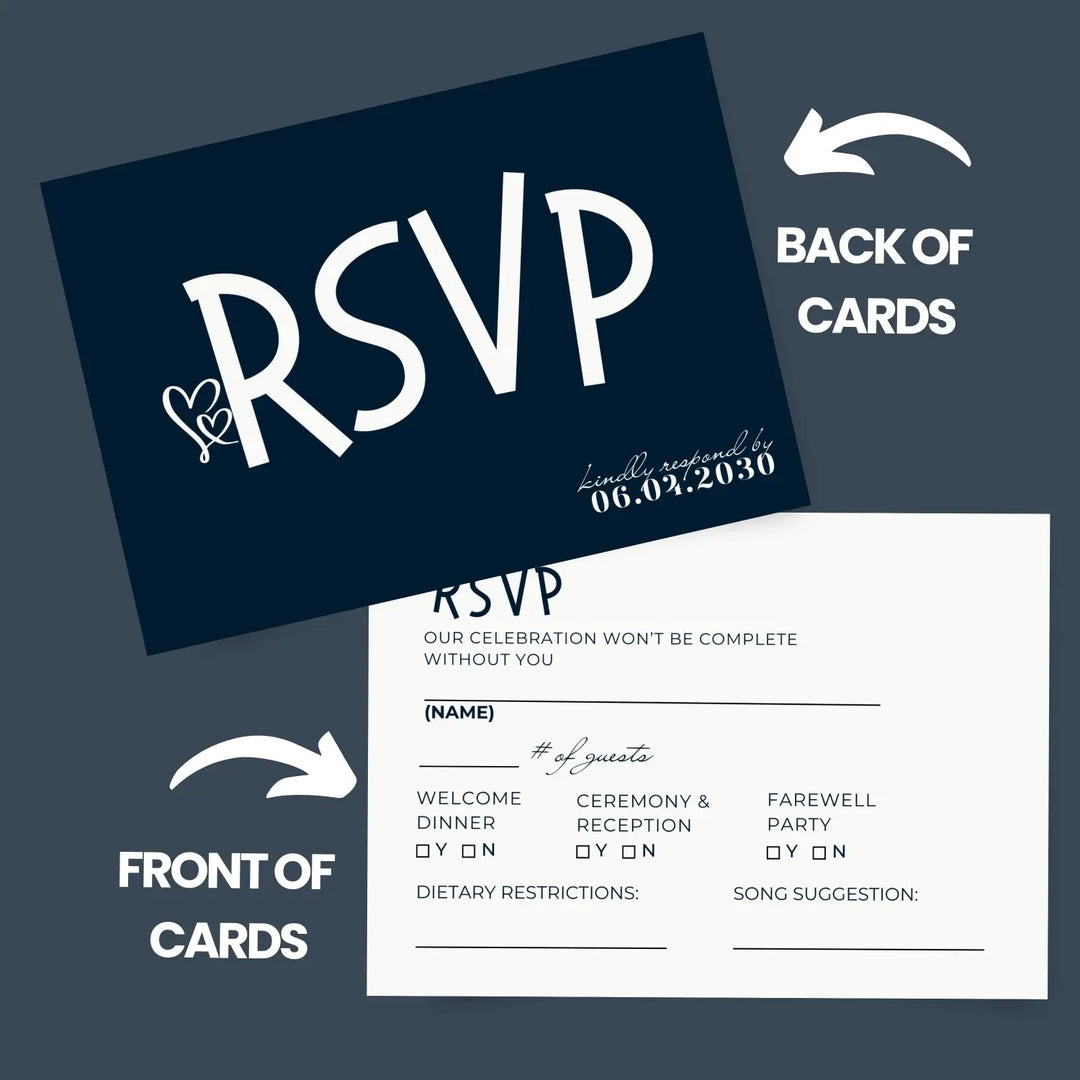 Custom black and white rsvp cards with elegant calligraphy - premium card stock 4x6 inch size - invitations