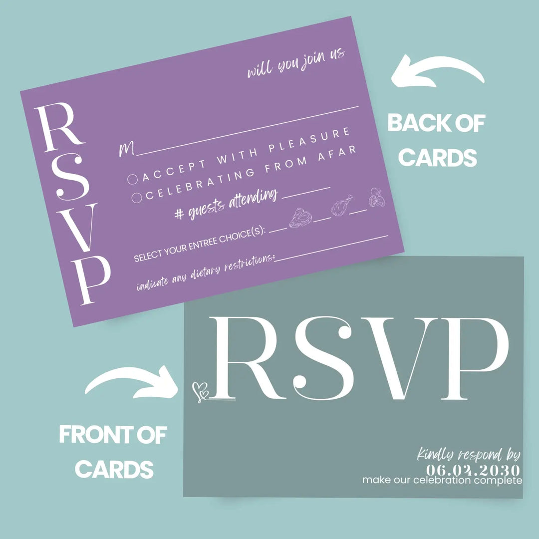 Custom purple and sage rsvp cards - premium 120lb cardstock elegant calligraphy 4x6 inch size personalized dates &
