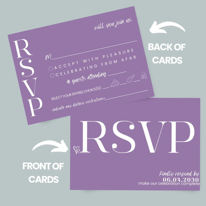 Custom bold purple rsvp cards with elegant white calligraphy - premium card stock 4x6 inch size - invitations