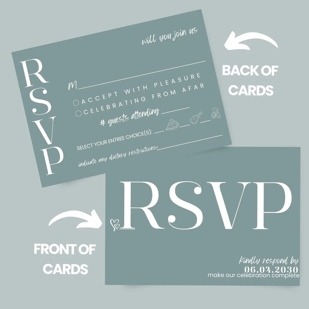 Custom rustic green rsvp cards with elegant off-white calligraphy - premium card stock 4x6 inch size - invitations