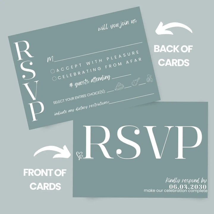 Custom rustic green rsvp cards with elegant off-white calligraphy - premium card stock 4x6 inch size - invitations