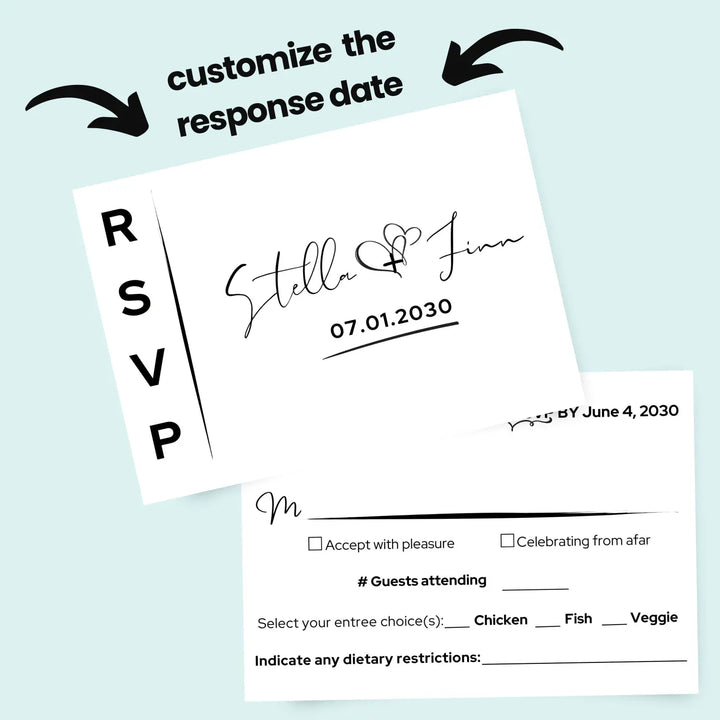 Custom white rsvp cards with elegant black calligraphy - premium card stock 4x6 inch size - invitations