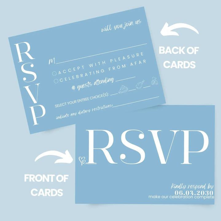 Custom sky blue rsvp cards - premium 120lb cardstock elegant calligraphy personalized dates & names includes food
