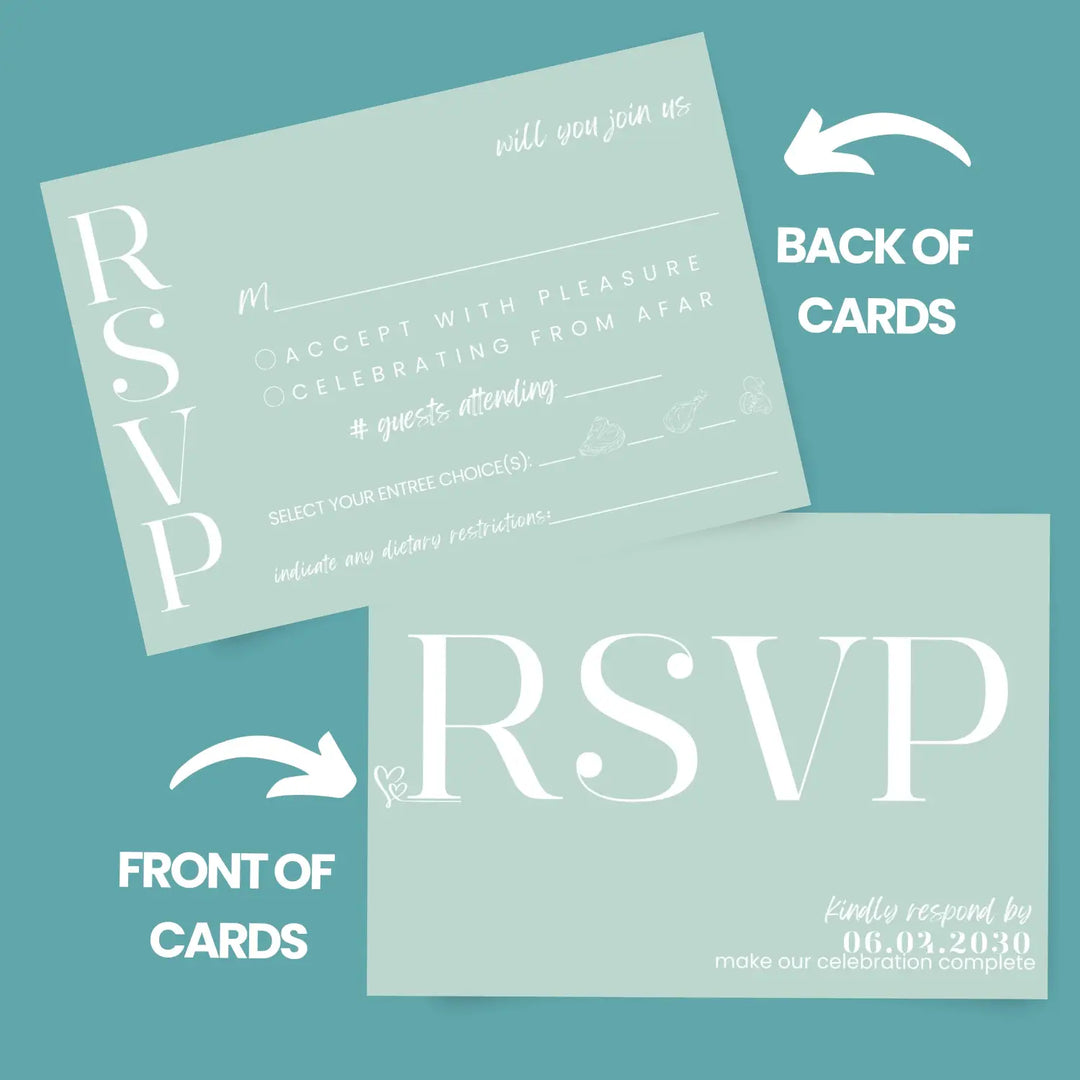 Custom seafoam rsvp cards with elegant white calligraphy - premium card stock - invitations