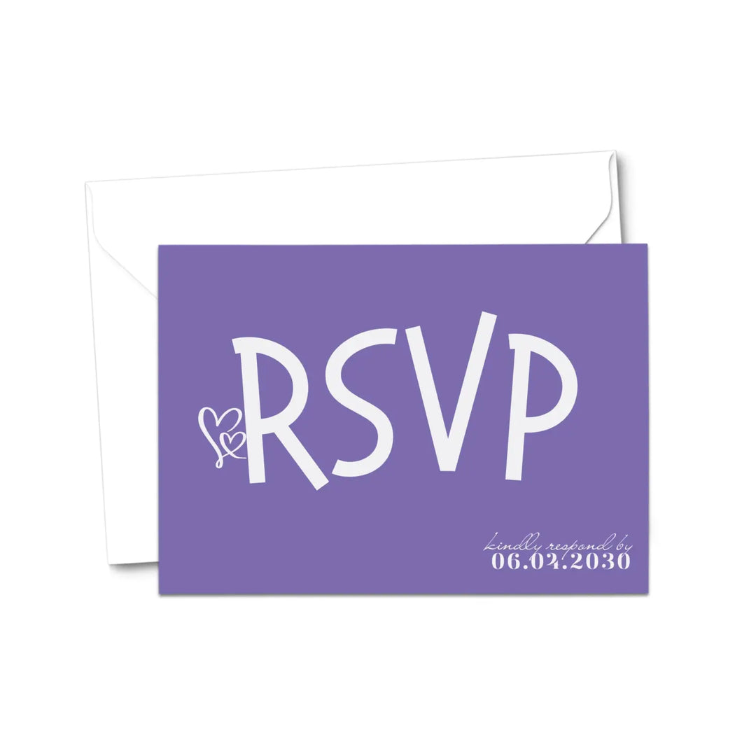 Custom purple rsvp cards with sleek calligraphy font - premium card stock 4x6 inch size - invitations