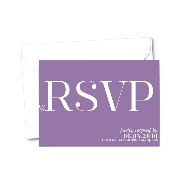 Custom bold purple rsvp cards with elegant white calligraphy - premium card stock 4x6 inch size - invitations