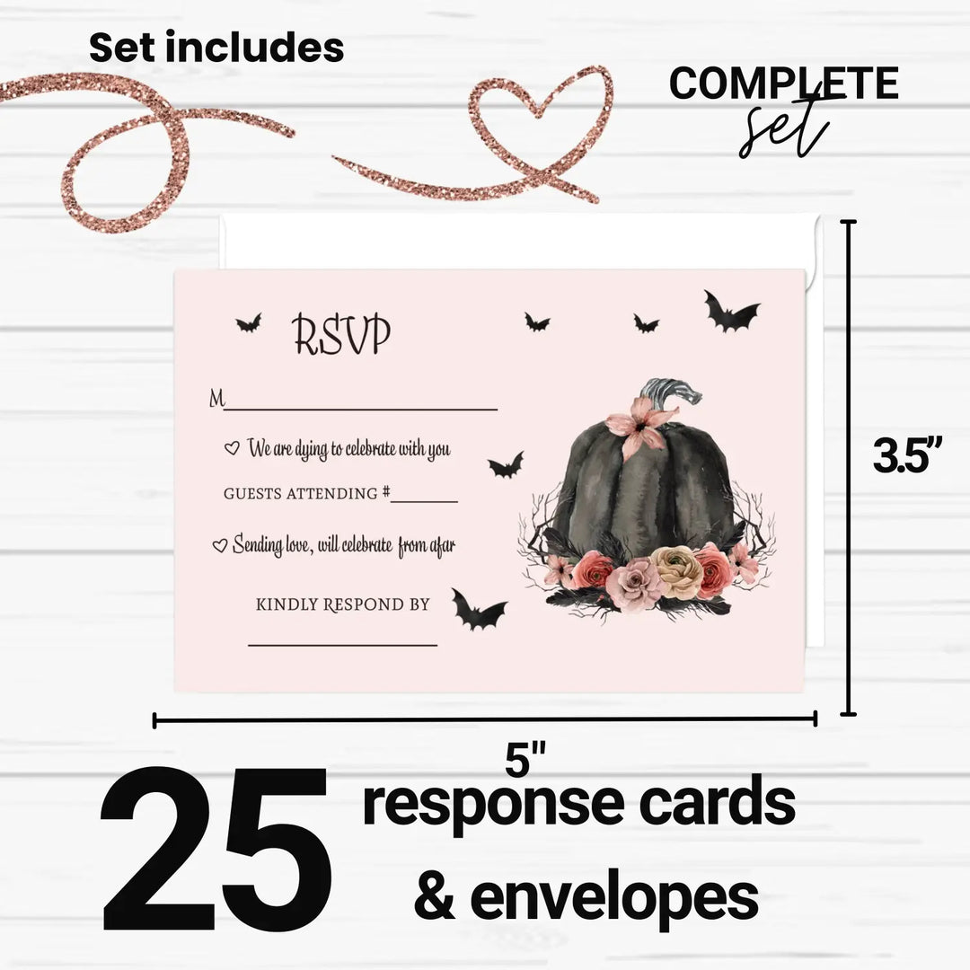Halloween rsvp cards - spooky chic gothic pink & black pumpkin design with spiders and floral - set of 25 - invitations