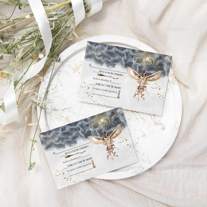 Magical black gold owl rsvp cards - enchanted wedding response set 3.5x5 envelopes included 25 pack - invitations