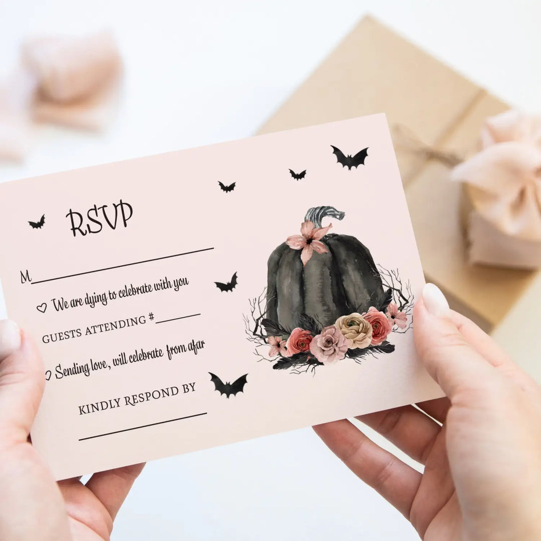 Halloween rsvp cards - spooky chic gothic pink & black pumpkin design with spiders and floral - set of 25 - invitations
