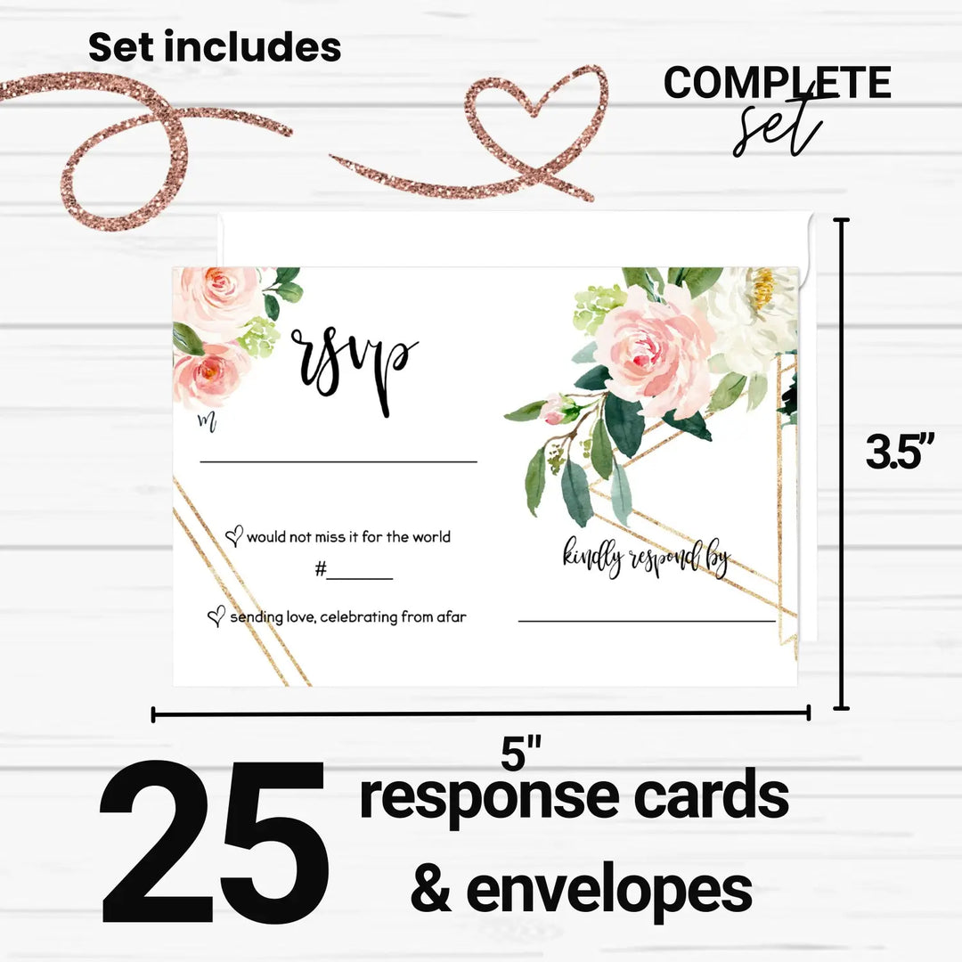 Graceful greenery pink gold floral rsvp cards - wedding response set 3.5x5 envelopes included 25 pack - invitations