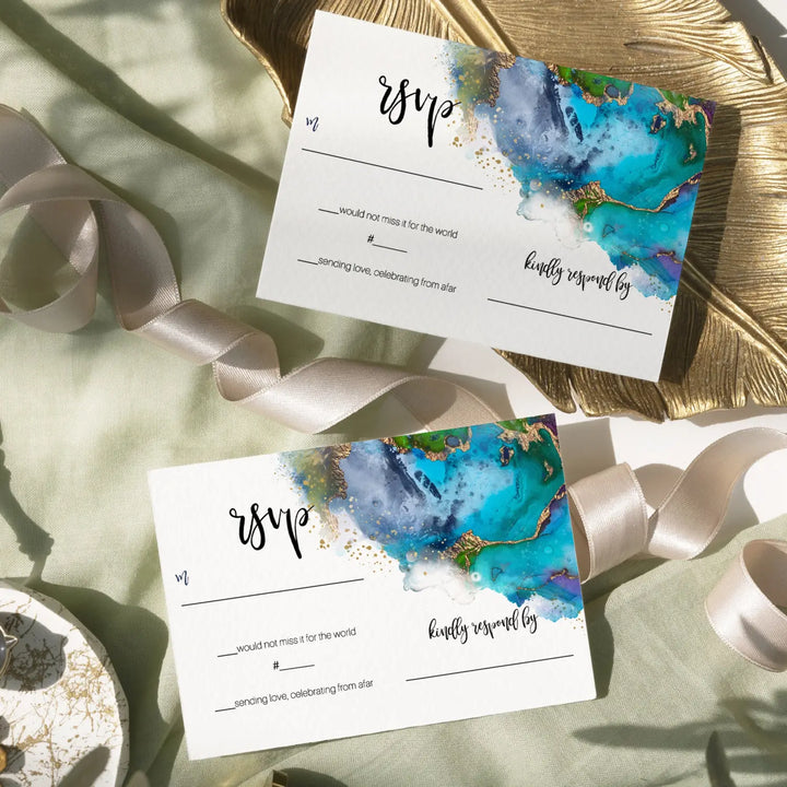 Modern teal & purple watercolor rsvp cards - chic wedding response set 3.5x5 envelopes included 25 pack - invitations