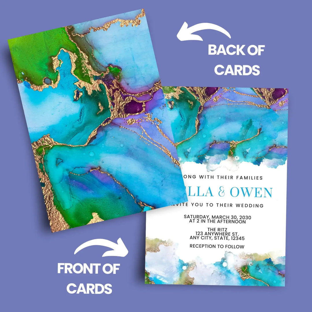 Elegant jeweled watercolor personalized invitations purple turquoise blue and gold