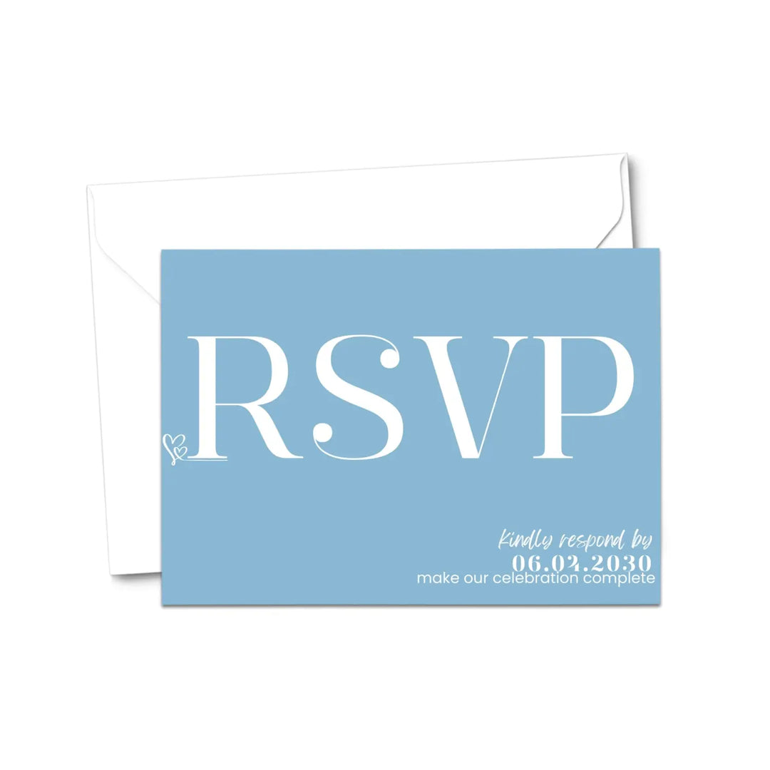 Custom sky blue rsvp cards - premium 120lb cardstock elegant calligraphy personalized dates & names includes food