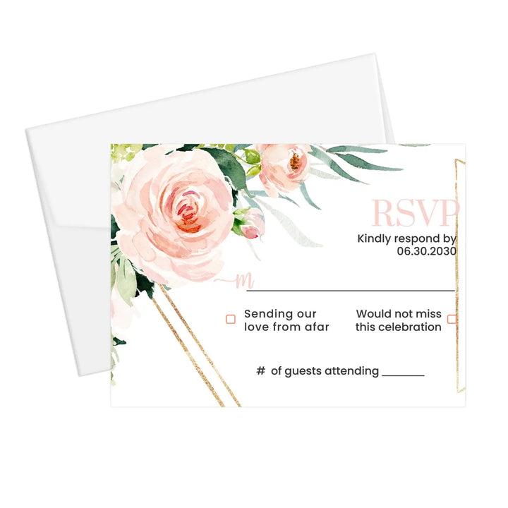 Personalized graceful floral rsvp cards with envelopes - blush gold & rustic greenery for weddings and events
