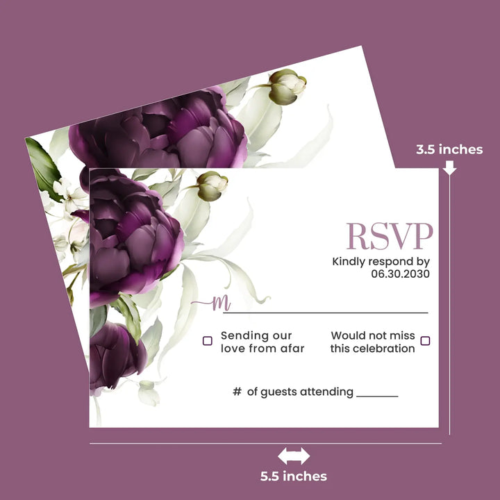 Personalized purple passion floral rsvp cards with envelopes - modern design for weddings and events - invitations