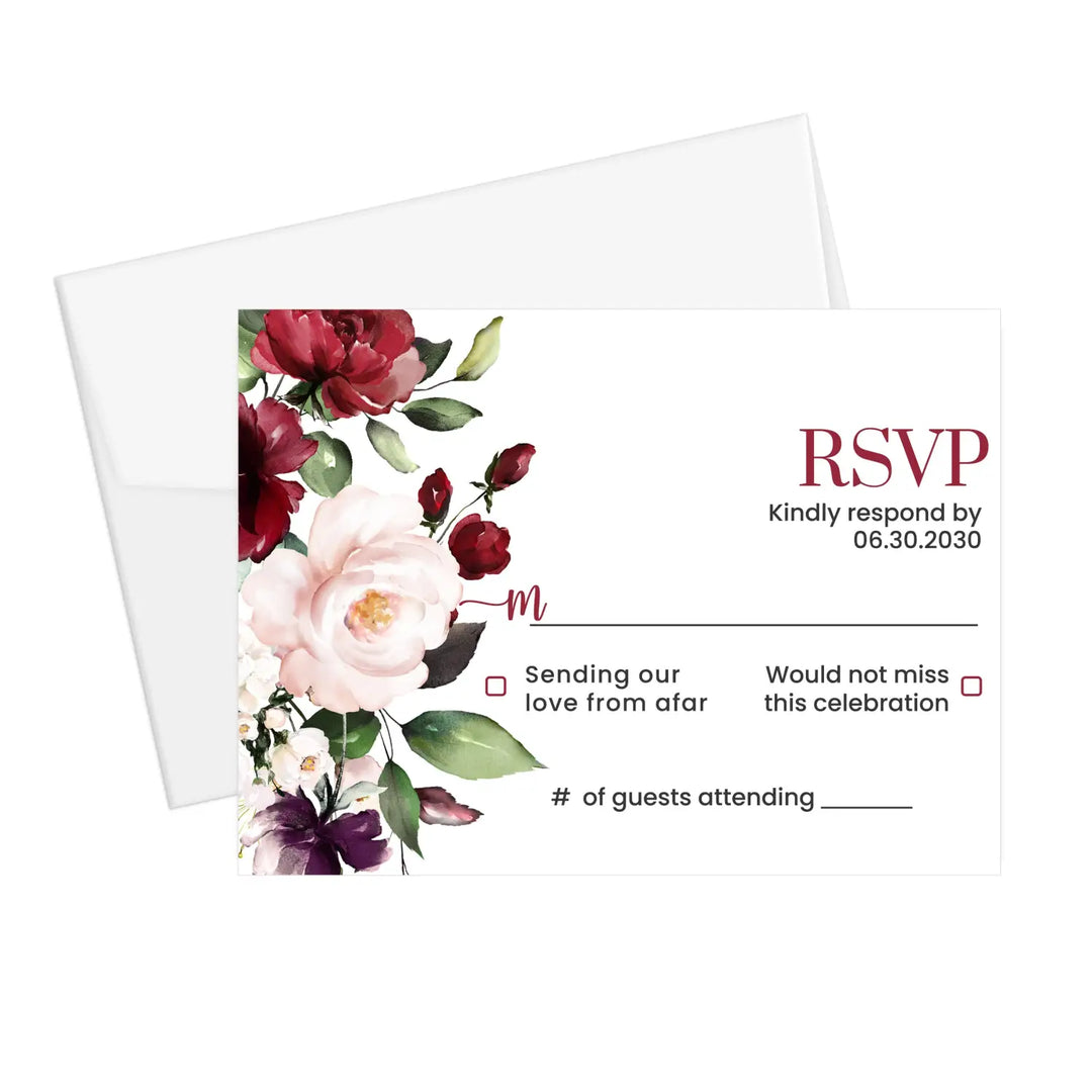 Personalized rustic floral rsvp cards with envelopes - elegant red roses & blush pink for weddings - invitations