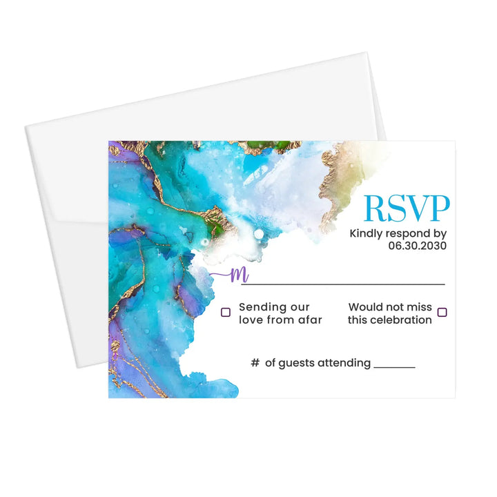 Jeweled purple & teal rsvp cards with envelopes custom printed - elegant gold watercolor for weddings and events