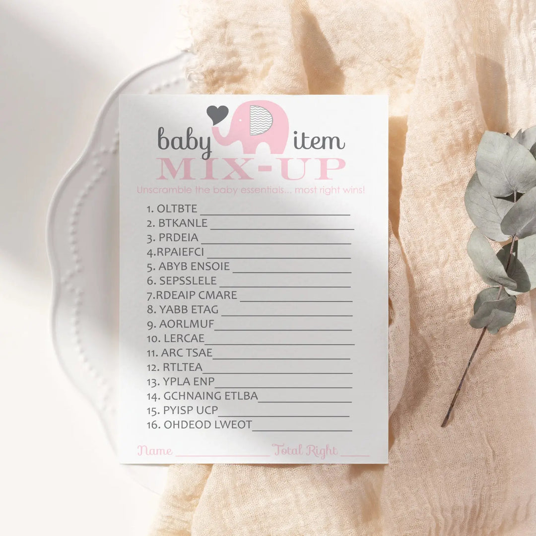 Pink elephant baby shower word scramble game - 25 pack cute guest party ideas unique favors and unscramble activity