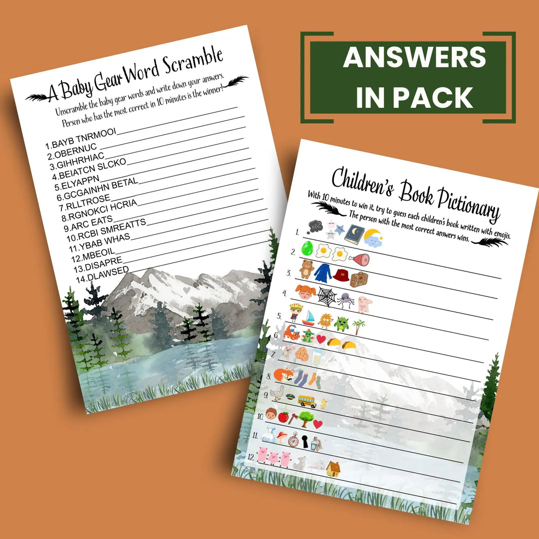 Adventure awaits mountain-themed baby shower game bundle 5x7 double-sided cards (25 ct) - party games