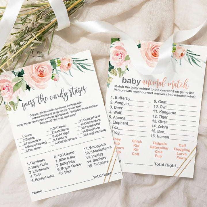 Graceful baby shower game set rustic pink floral greenery animal match and candy bar guessing - party games