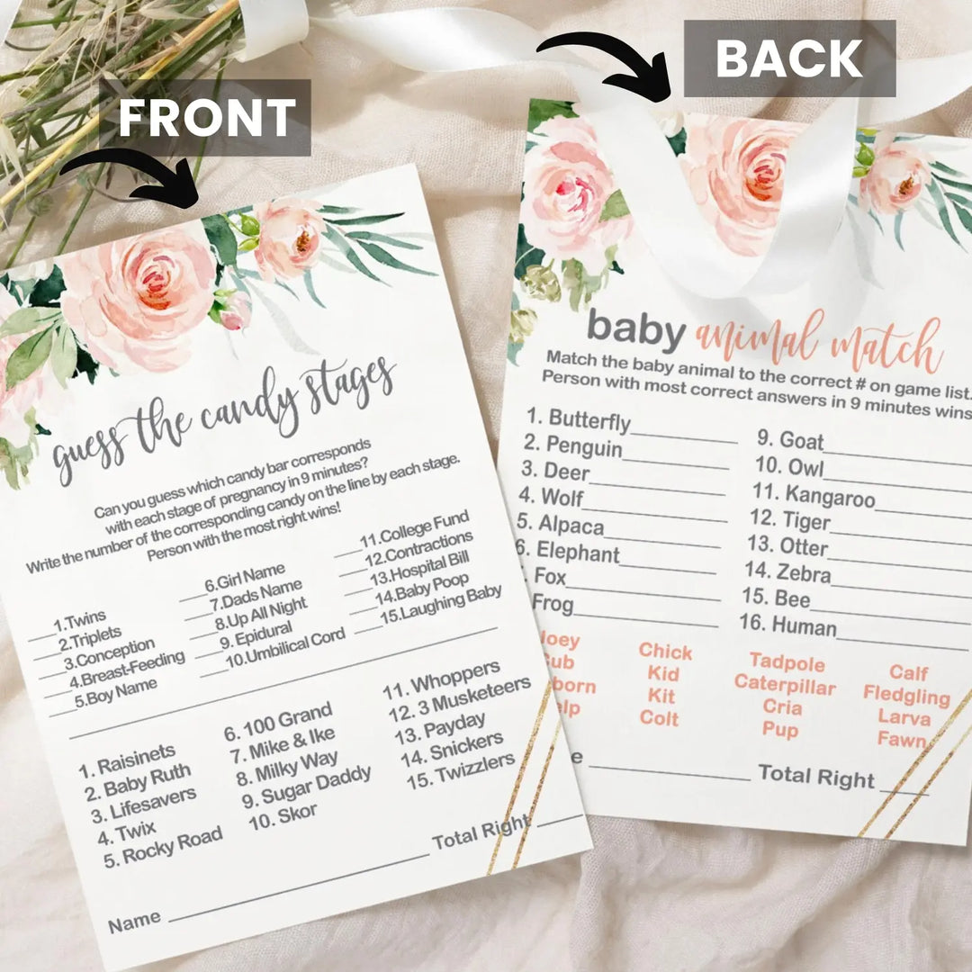 Graceful baby shower game set rustic pink floral greenery animal match and candy bar guessing - party games