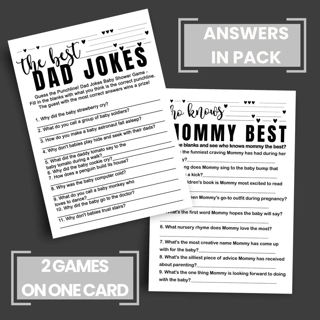 Black and white baby shower game 2-in-1 set - who knows mommy best & dad jokes 25 pack - party games