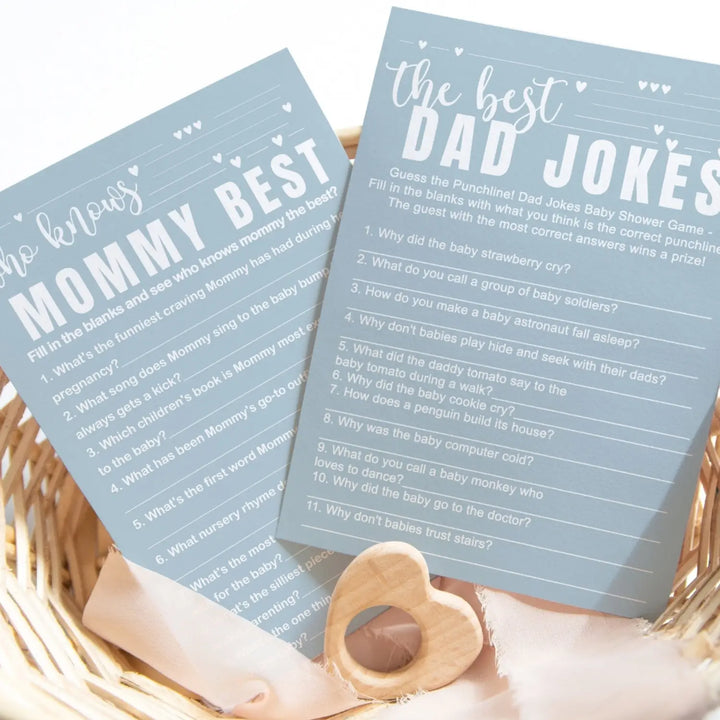 Blue baby shower game set - who knows mommy best & dad jokes modern minimalist 25 pack - party games