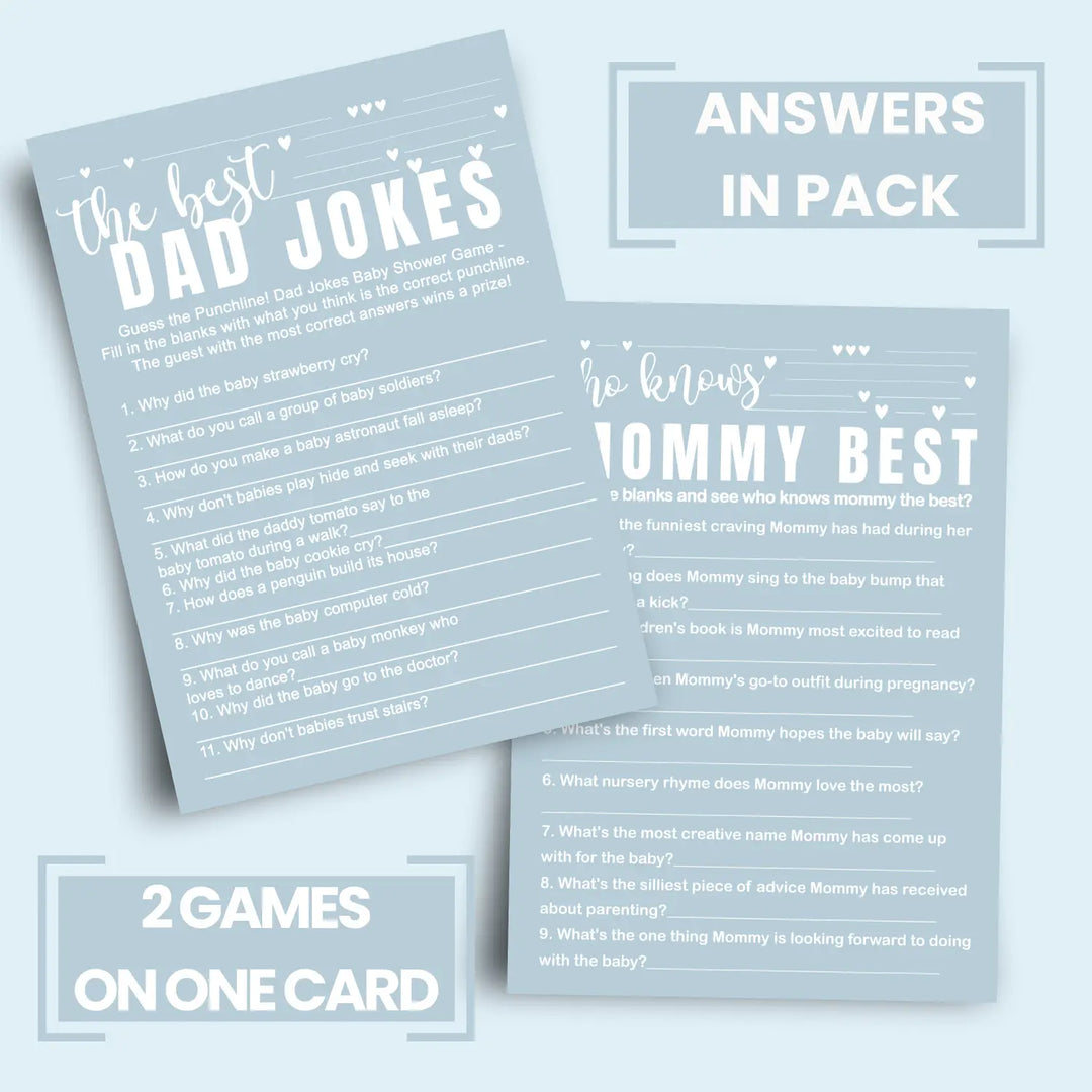 Blue baby shower game set - who knows mommy best & dad jokes modern minimalist 25 pack - party games