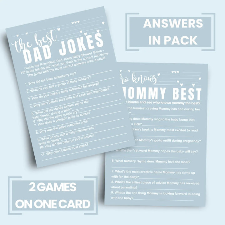 Blue baby shower game set - who knows mommy best & dad jokes modern minimalist 25 pack - party games