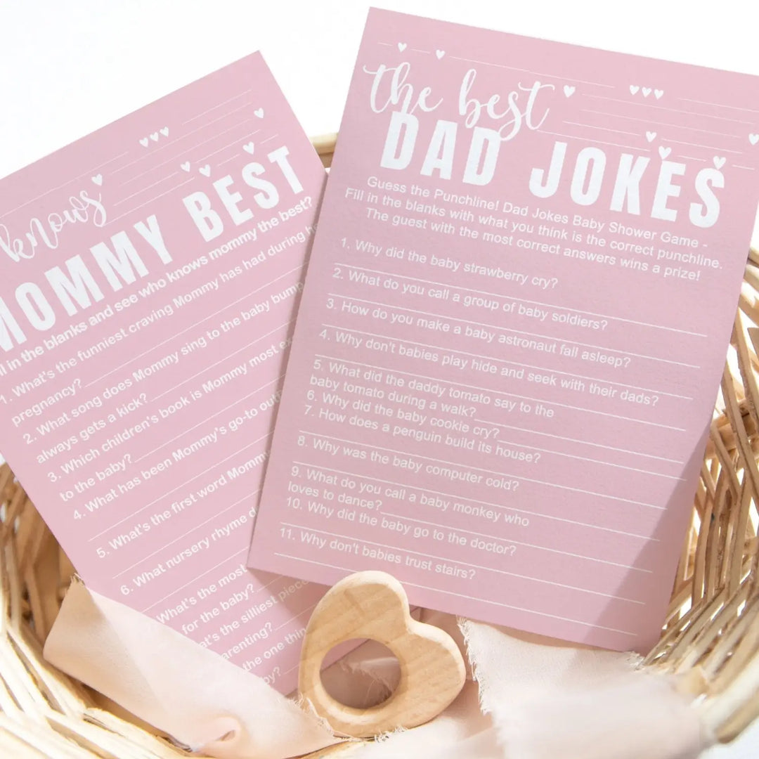 Pink baby shower game set - who knows mommy best & dad jokes modern minimalist 25 pack - party games