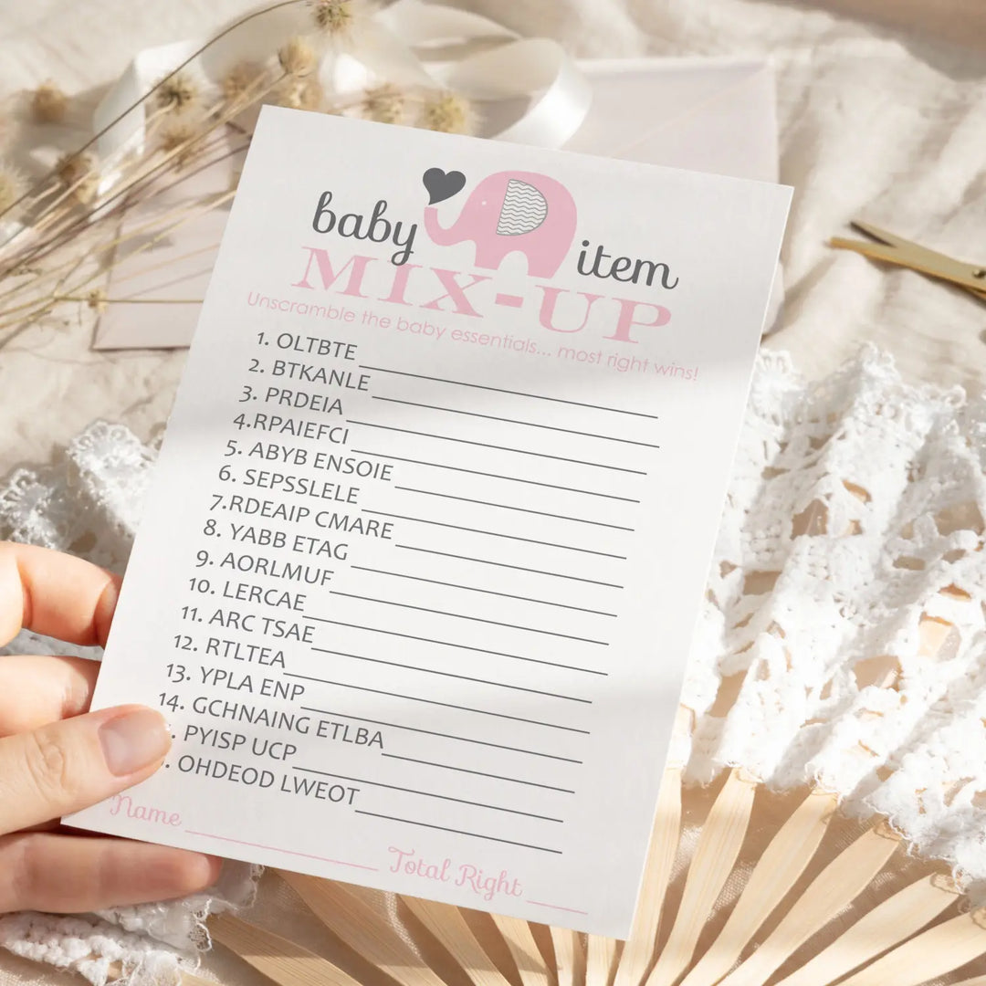 Pink elephant baby shower word scramble game - 25 pack cute guest party ideas unique favors and unscramble activity